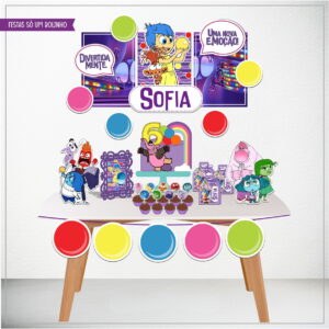 Decorações de festa digital com tema de emoções, incluindo banners, toppers e caixas personalizadas.