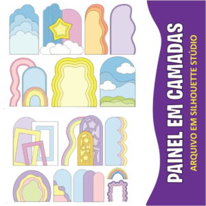 Coleção de formas decorativas em camadas com temas de nuvens, estrelas e arcos coloridos.