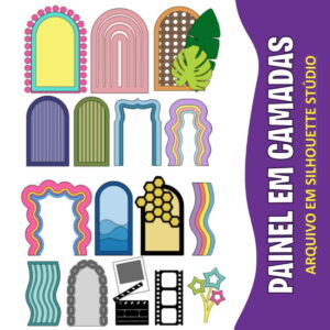 Coleção de ilustrações vetoriais em formatos de arcos, molduras e elementos decorativos coloridos.