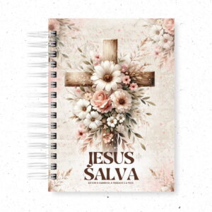 Capas Digitais Religiosas Vintage em PNG para Artesanato 6 Arte digital de capa com cruz de madeira, flores e a frase "Jesus Salva".