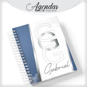 Agenda com capa azul e branca, espiral branca e letras impressas na capa.