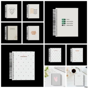 Coleção de arte digital de capas de agenda com frases motivacionais e padrões.
