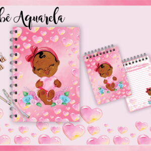 Arte digital "Bebê Aquarela" com menina, corações e flores rosa.