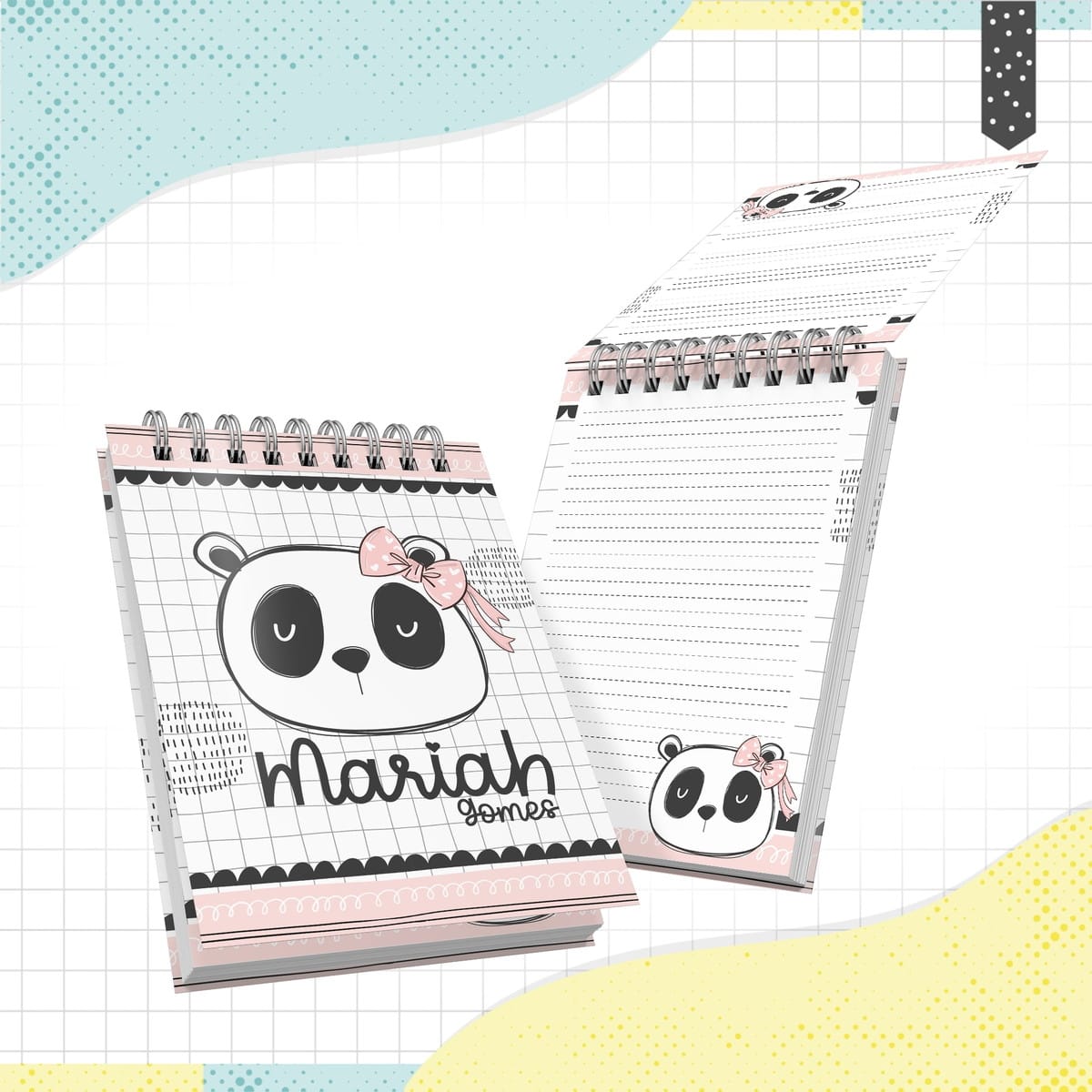 Arquivo Digital Bloquinho Panda Menina para Personalizar 1 Cadernos com design de panda, capa com laço rosa e páginas pautadas.