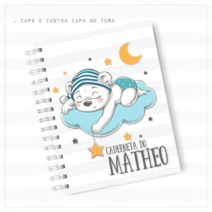 Arte digital de capa de caderneta com urso bebê dormindo em nuvem.