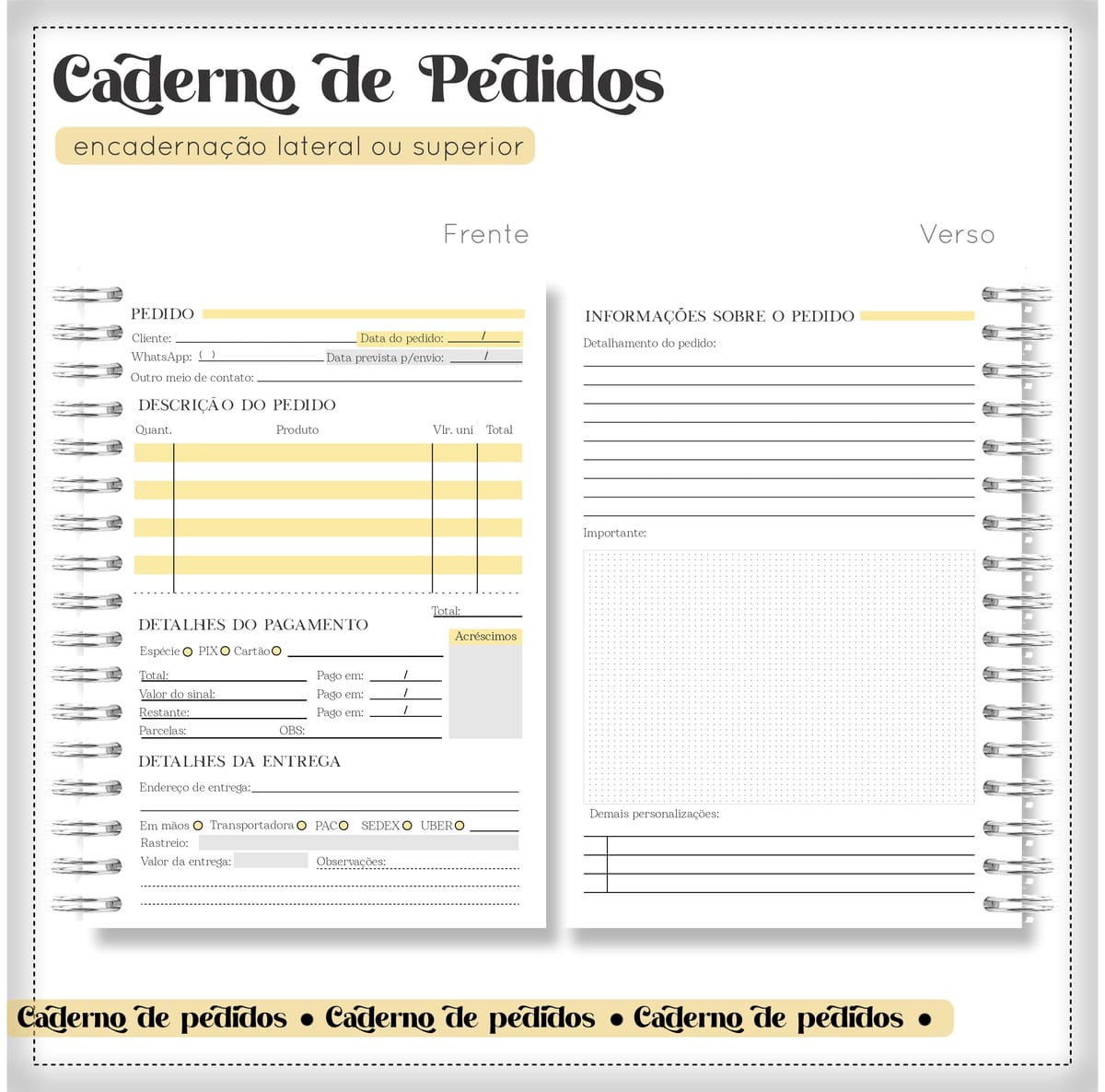 Arquivo Digital Caderno de Pedidos Tema Menino 2 Arte digital de caderno de pedidos com encadernação em espiral, mostrando frente e verso.