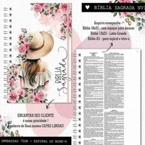 Ilustração de mulher de chapéu com flores e páginas de livro espiralado.