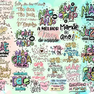 Coleção de adesivos digitais coloridos com frases carinhosas sobre mães em português.