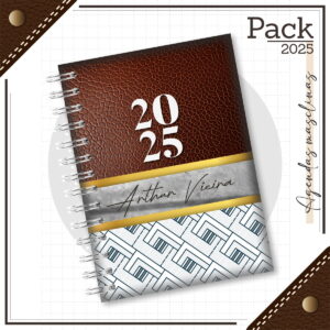 Kit Digital Caderno Couro Marrom para Encadernação 12 Agenda digital com capa marrom texturizada, ano 2025 e design geométrico.