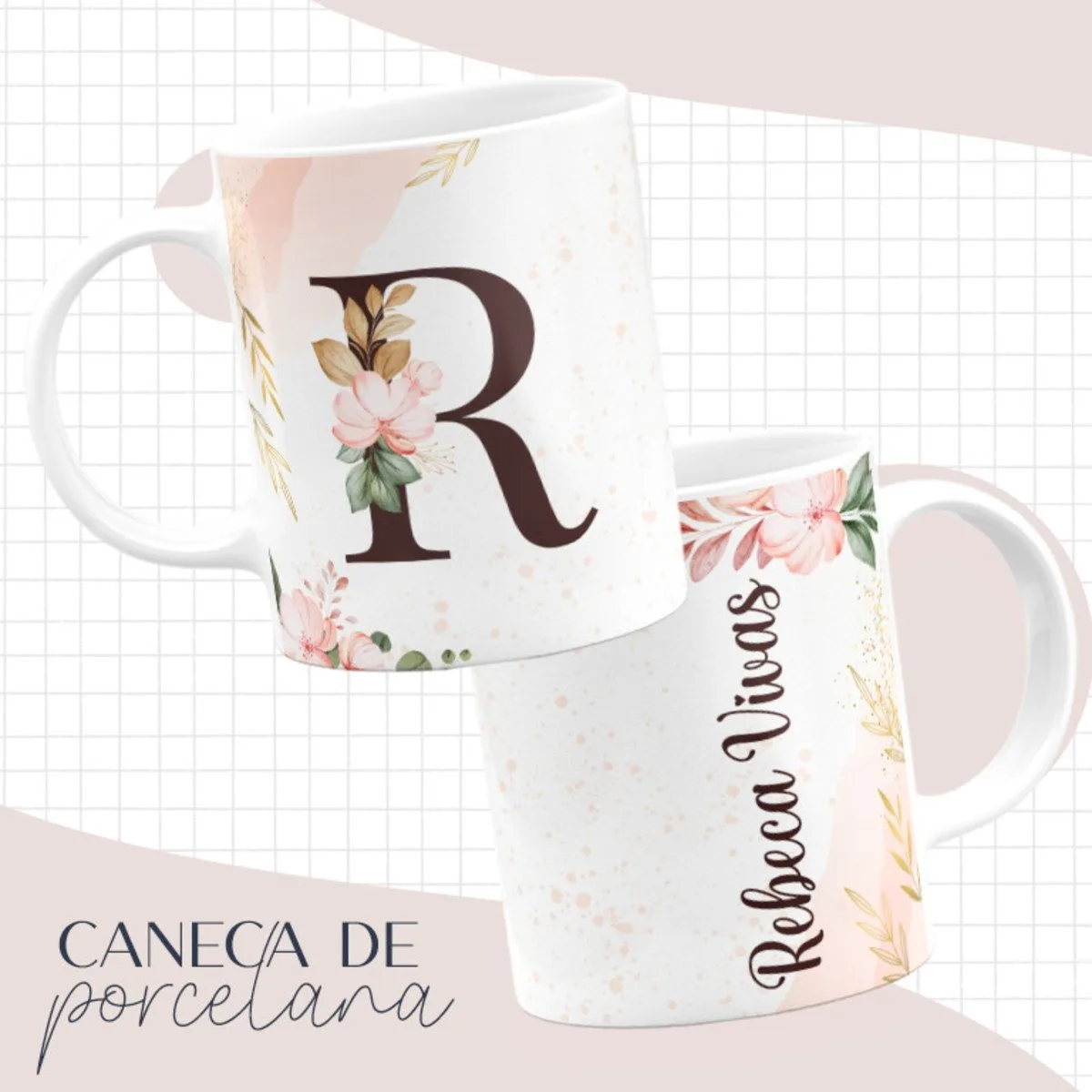 Duas canecas de porcelana decoradas com flores, letras e elementos gráficos delicados.