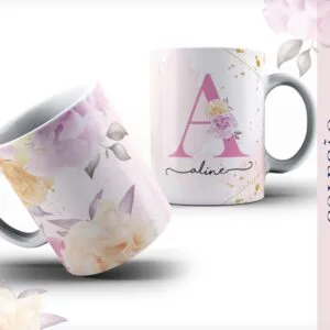 Arte Caneca Alfabeto Floral Rosa - Arquivo Digital