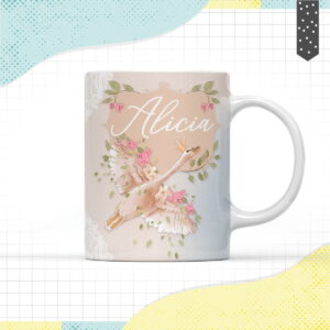 Arte digital de cisne coroado com flores em caneca branca.