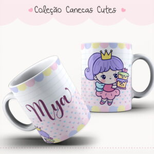 Duas canecas estampadas com ilustração fofa de menina princesa e nome personalizado.