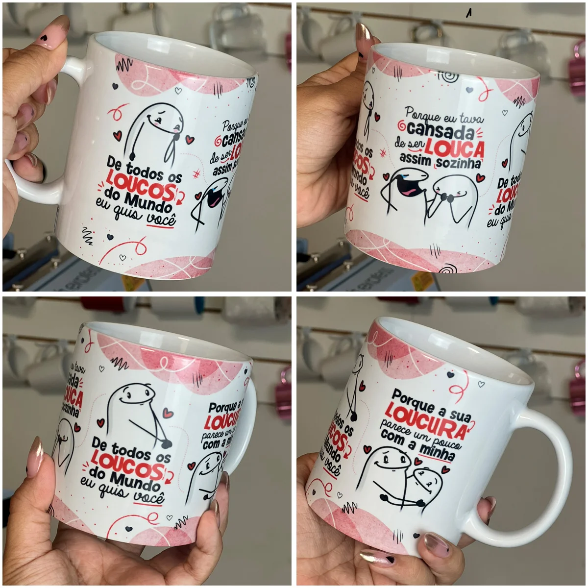 Quatro imagens mostrando diferentes ângulos de uma caneca branca estampada com desenhos e frases.