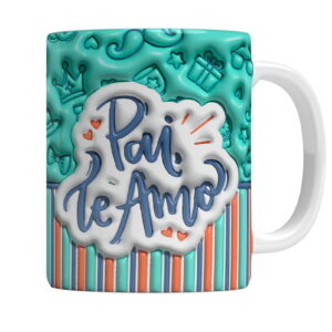 Caneca com design 'Pai Te Amo' em relevo, fundo verde-água com ícones e listras.