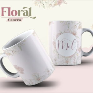 Arte digital de caneca com padrão floral delicado e fundo claro.
