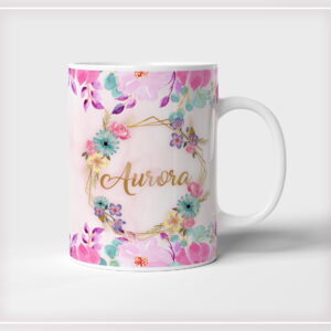 Arte digital floral em aquarela com moldura dourada e fundo rosa.