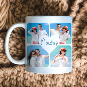 Arte digital para caneca com fotos de casal na praia e a palavra 'Noivos'.