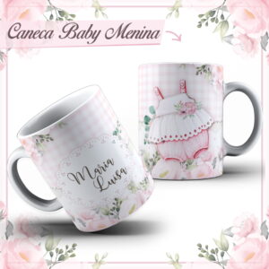 Duas artes digitais para caneca de bebê menina, com padrão xadrez e flores.