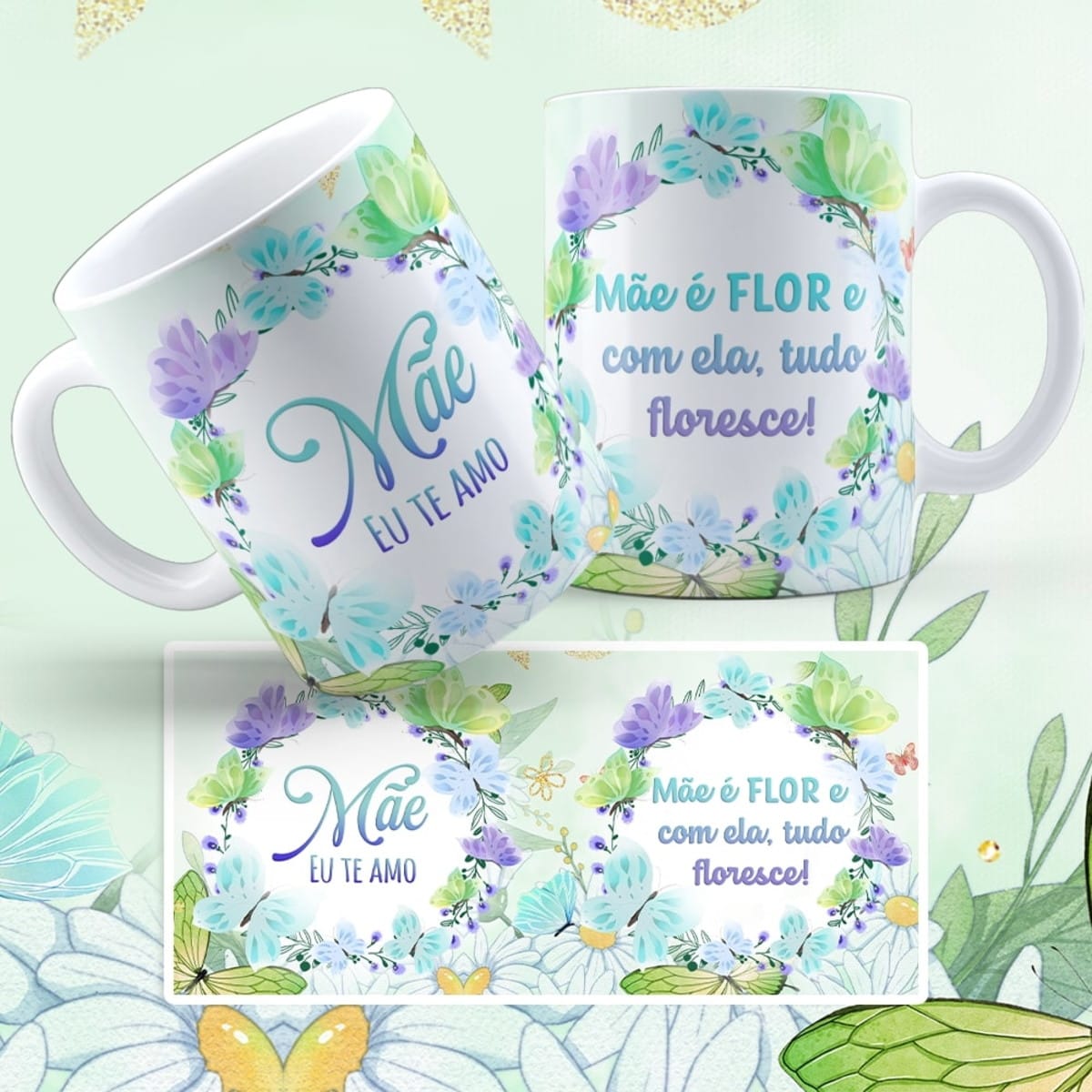 Arte Digital Caneca Dia das Mães com Borboleta e Flores 1 Arte Digital Caneca Dia das Mães com Borboleta e Flores