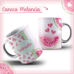 Arte digital de caneca com estampa de melancia em duas vistas.