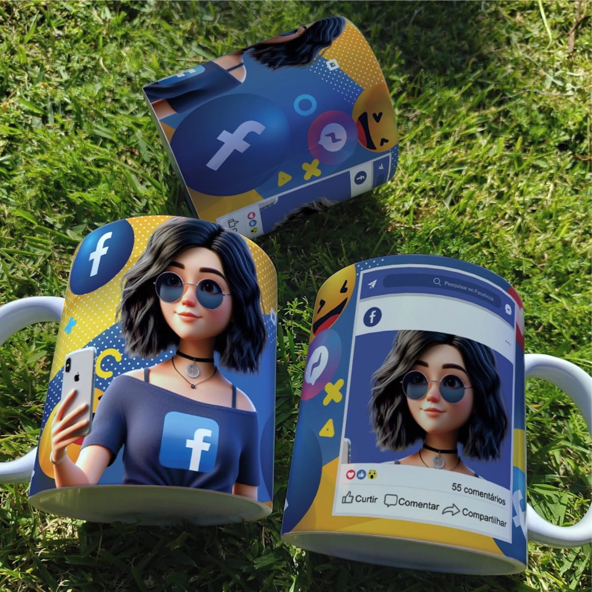 Arte digital caneca meninas Facebook em PNG e Corel 3 Arte digital de mulher estilosa com óculos escuros e tema de rede social.
