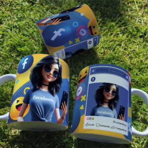 Três canecas com arte digital de personagem feminina e elementos de rede social.