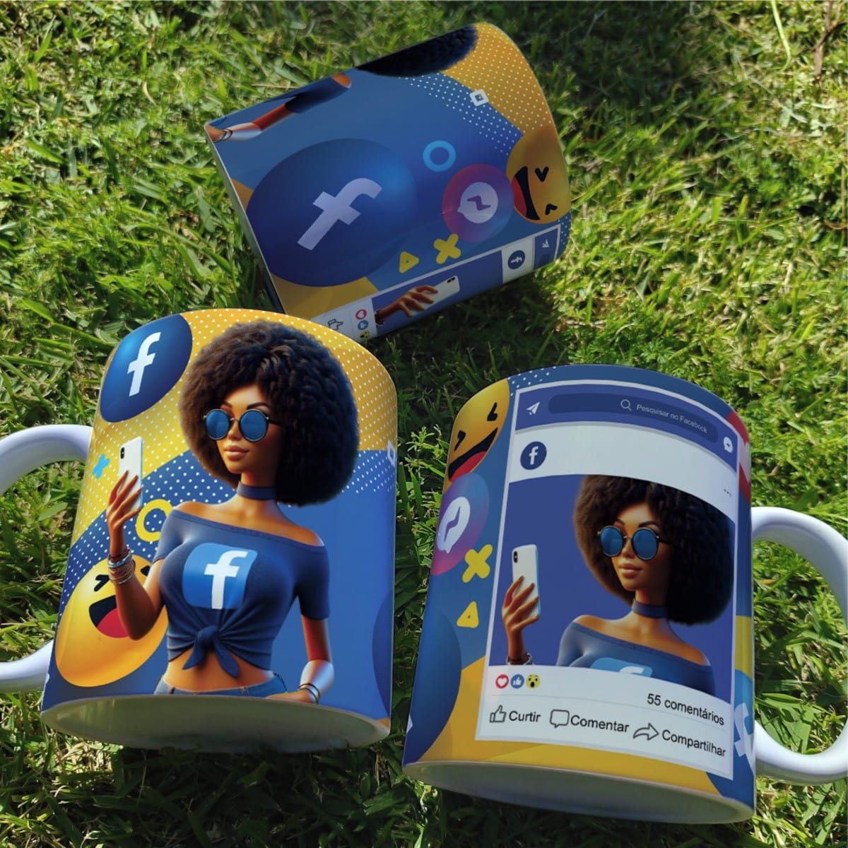 Arte digital caneca meninas Facebook em PNG e Corel 4 Canecas com arte digital de mulher afro, símbolos 'f', e ícones de interação digital.
