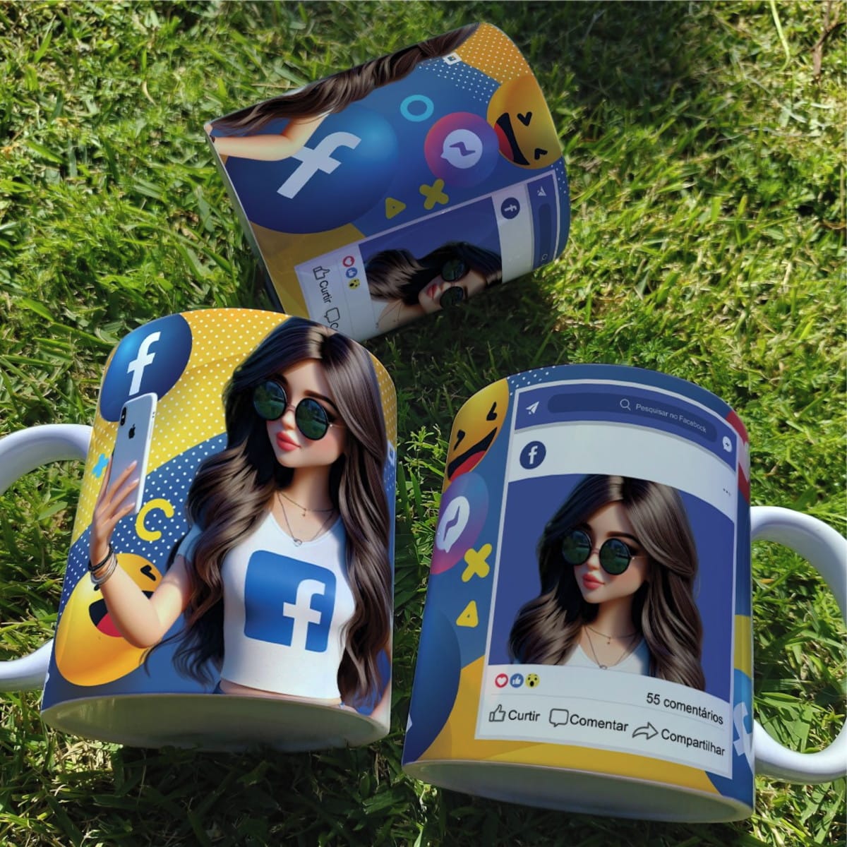 Arte digital caneca meninas Facebook em PNG e Corel 5 Três canecas com arte digital de mulher em tema de redes sociais.