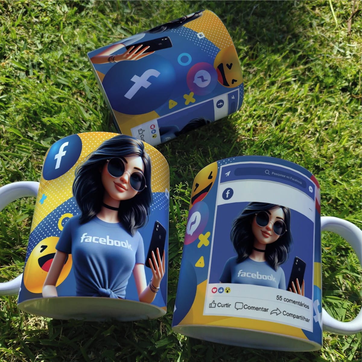 Arte digital caneca meninas Facebook em PNG e Corel 1 Três canecas com arte digital de personagem feminina e elementos de rede social.