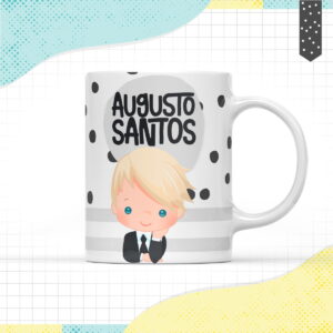 Arte digital de design para caneca com menino loiro de terno e nome.