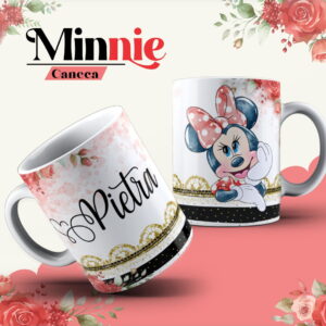 Duas artes digitais de canecas com personagem feminina de desenho e nome personalizado, padrões florais.