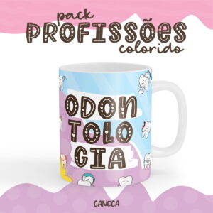 Caneca branca estampada com tema de odontologia e elementos dentais coloridos
