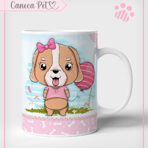 Arte digital de cachorrinha fofa com laço rosa e balão em caneca.