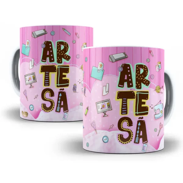 Arte Caneca Profissão Artesã com Fundo Rosa