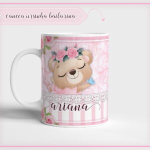 Arte digital de estampa para caneca com ursinha bailarina, flores e borboleta.