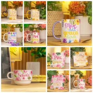 Arte para Caneca Sublimação Mãe é Benção PNG Dia das Mães 14 Coleção de designs digitais para canecas e placas com mensagens florais e frases inspiradoras.