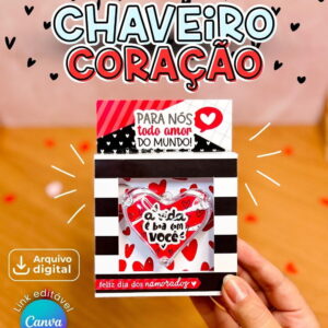 Arte digital de chaveiro coração e caixa presenteável para Dia dos Namorados.