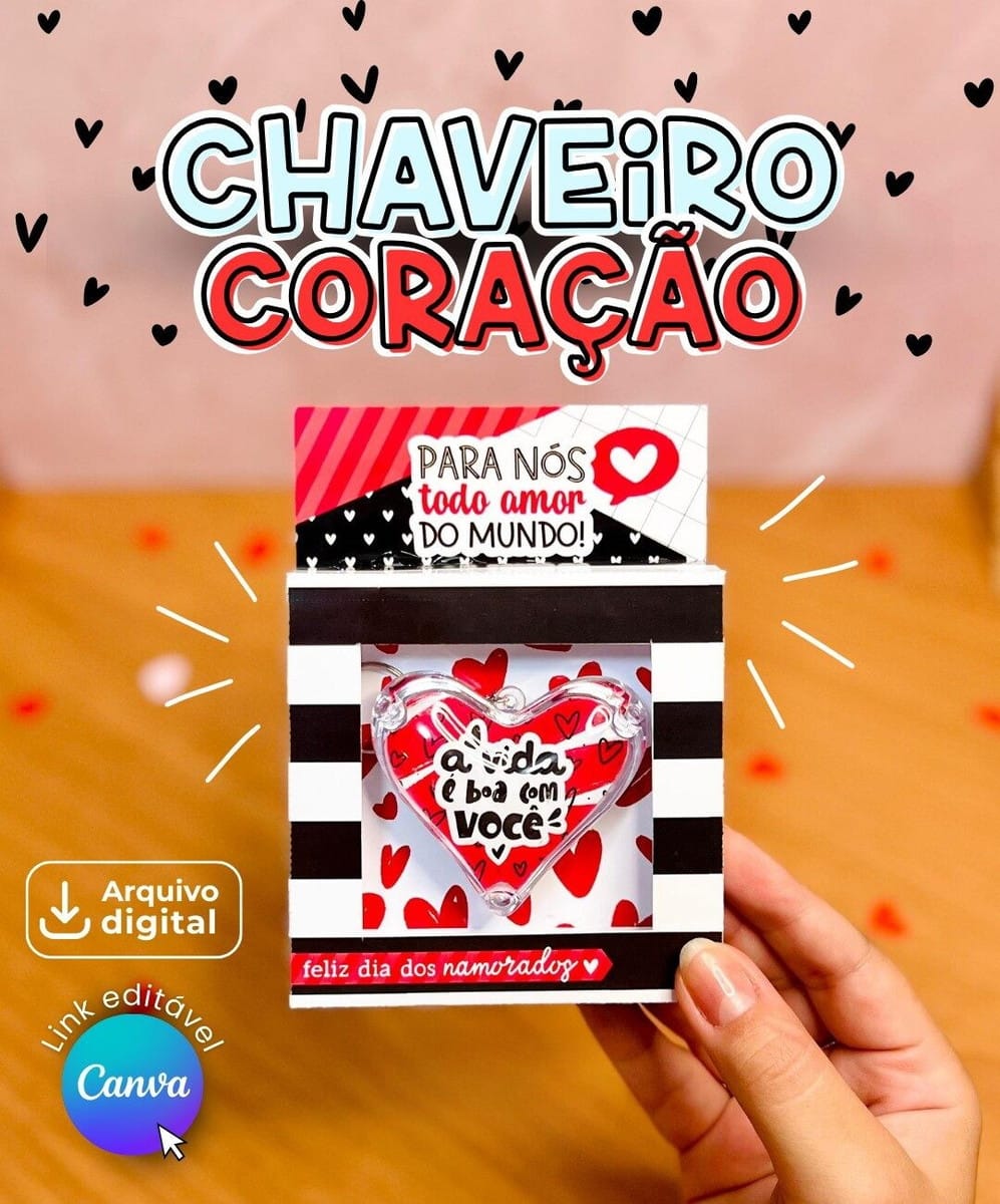 Arte Chaveiro Dia dos Namorados 2025 PNG PDF e Canva 1 Arte digital de chaveiro coração e caixa presenteável para Dia dos Namorados.