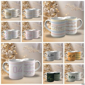 Arte Digital Caneca Ano Novo 2024 com 18 Arquivos 8 Arte digital de canecas com designs variados para o Ano Novo 2024, incluindo calendários.