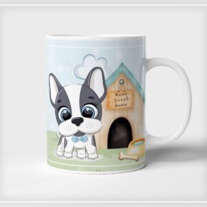 Arte digital de um cãozinho fofo, casinha de cachorro e paisagem.