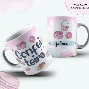 Caneca com design de confeitaria, ilustrações de doces e texto 'Confeiteira' em destaque.