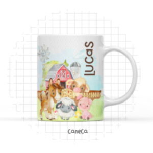 Caneca branca com arte digital de fazenda, apresentando animais fofos e celeiro.