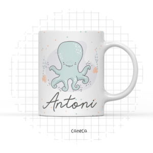 Caneca branca estampada com um polvo azul fofo estilo desenho animado.