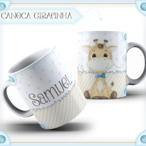 Arte digital de caneca com girafa bebê, bolinhas azuis e listras.