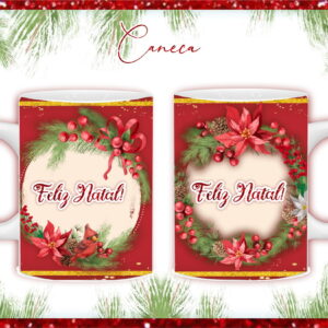 Arte digital natalina com coroa festiva, 'Feliz Natal' e fundo vermelho.