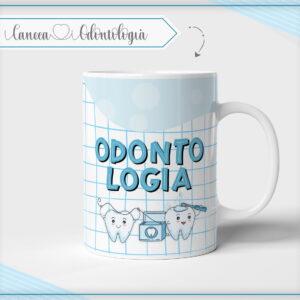 Design digital para caneca com tema de odontologia, dentes sorridentes e higiene.