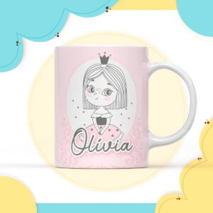 Arte digital de menina com coroa e saia rosa, fundo decorado.