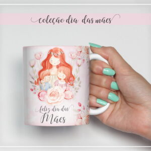 Arte digital para caneca: ilustração de mãe, dois filhos e flores, com 'feliz dia das Mães'.