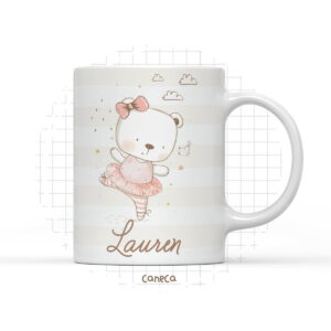 Caneca branca com ilustração de ursinha bailarina em pose, com laço rosa.